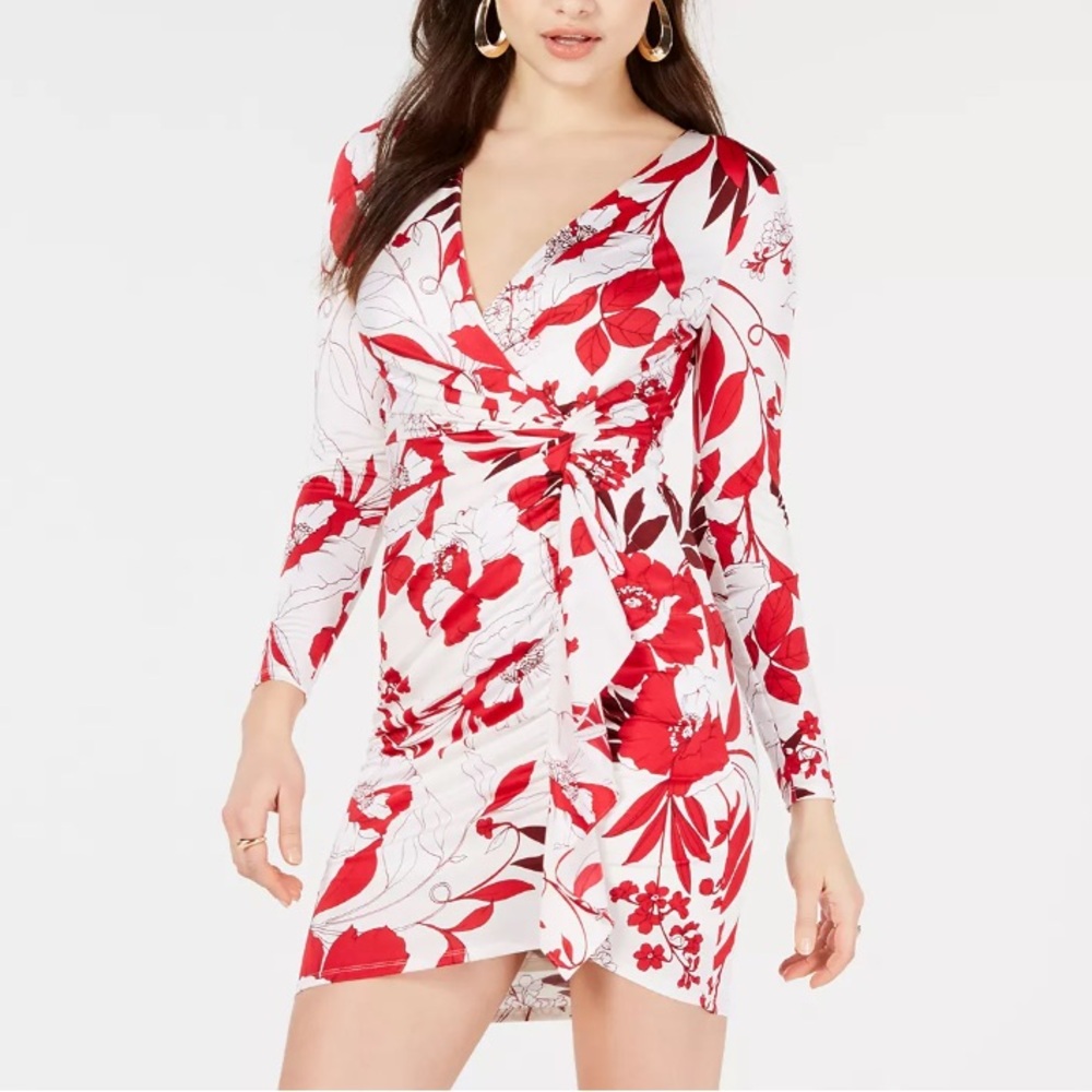 Floral Wrap Dress in Red and White Ruched GUESS bodycon mini club dress